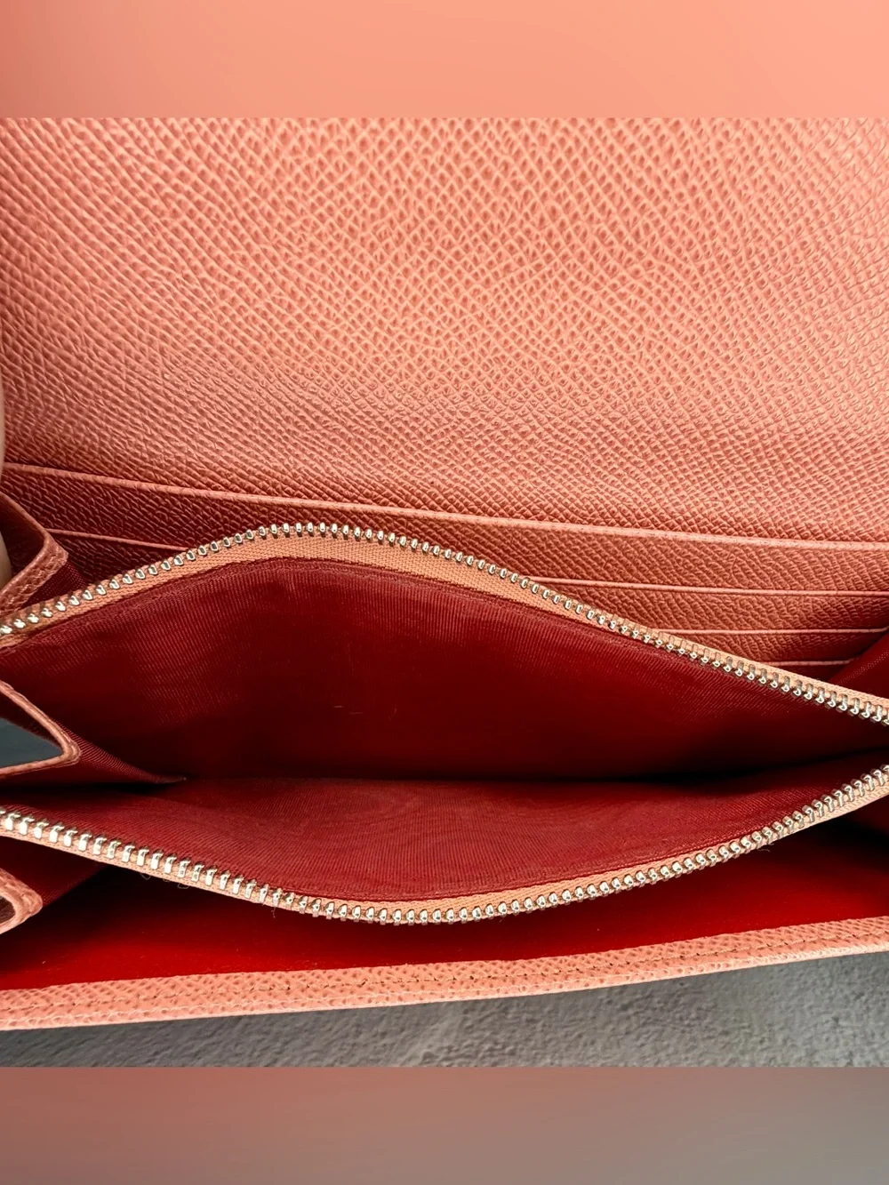 Bvlgari Coral Peach Leather Continental Wallet Signature Ring Clasp Full Set
